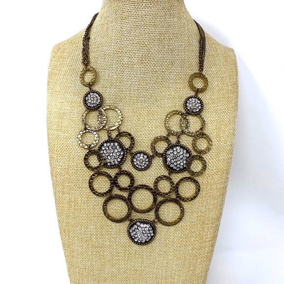 AMRITA SINGH Statement Necklace Antique Gold Tone Circles Crystals Bib Collar - Picture 1 of 8